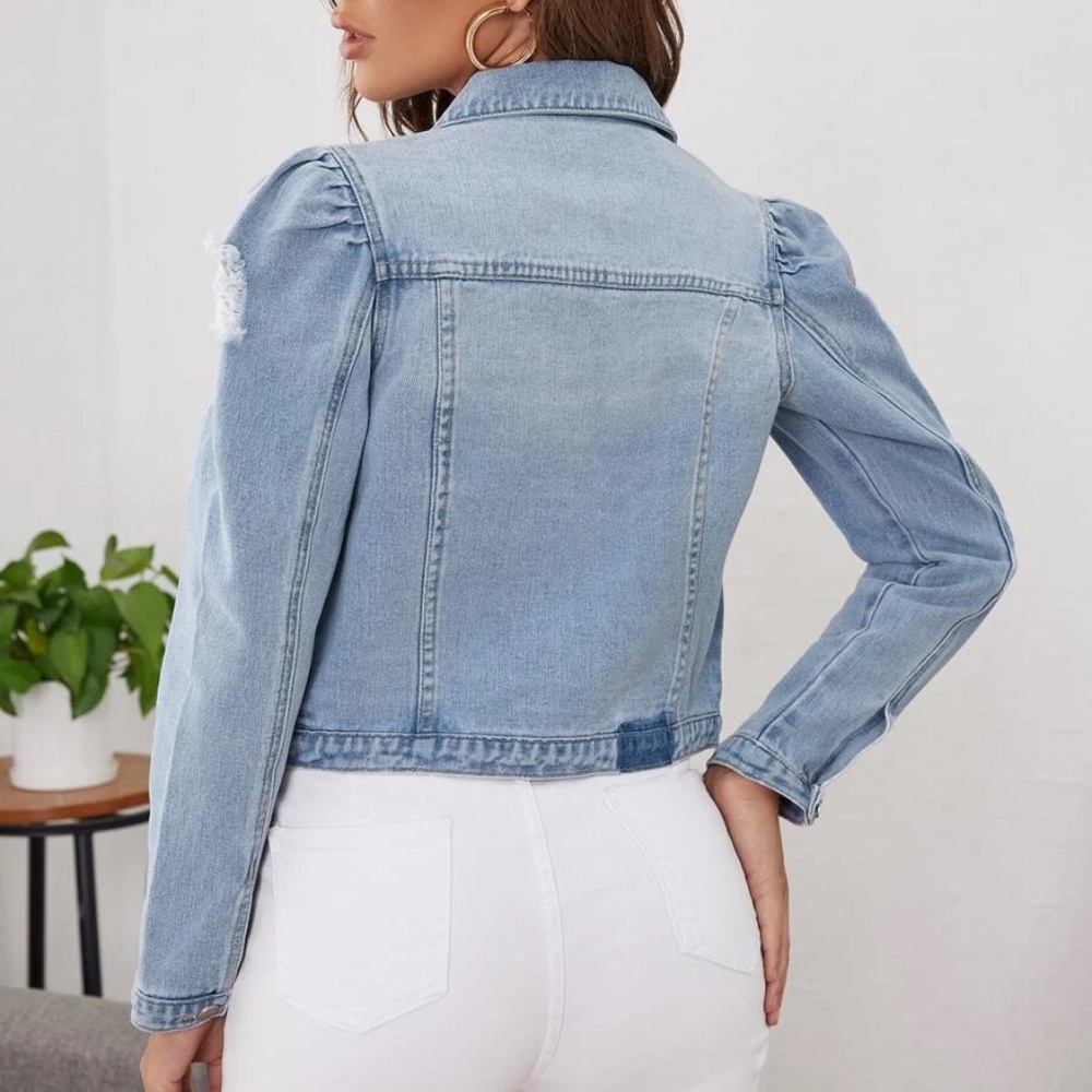 Boho Distressed Puff Sleeve Cropped Denim Jacket - Picture 9 of 10